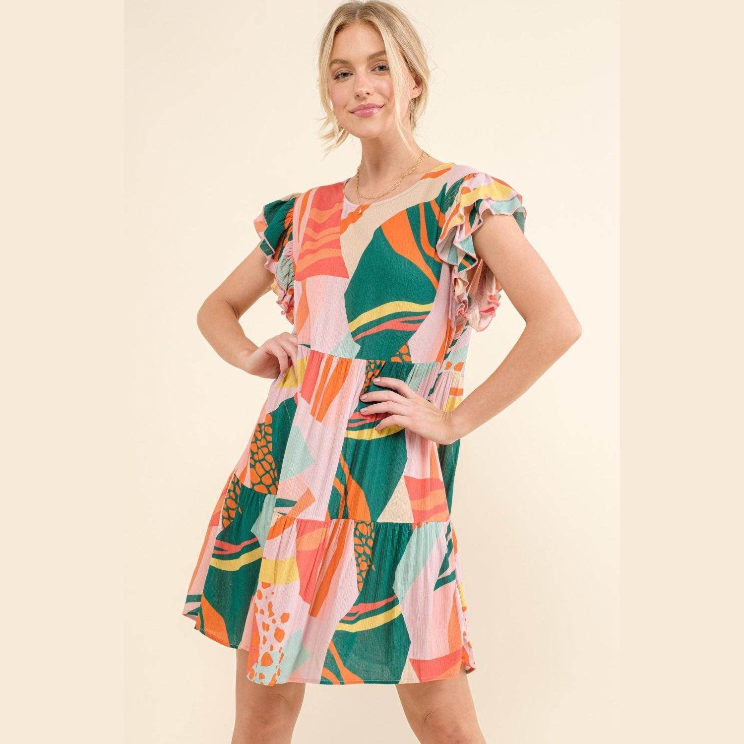 And The Why Printed Double Ruffle Sleeve Dress - VacationGrabs