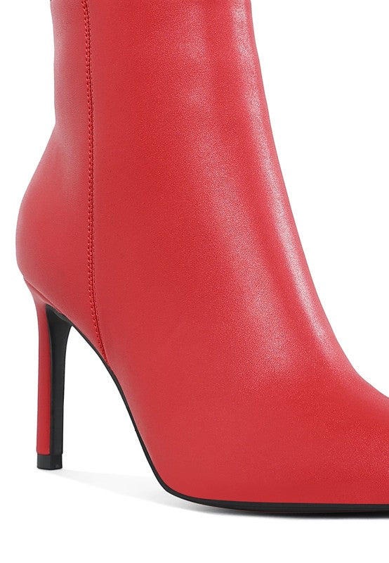 Rag Company textured stiletto heel ankle boots in vibrant red with a sleek design