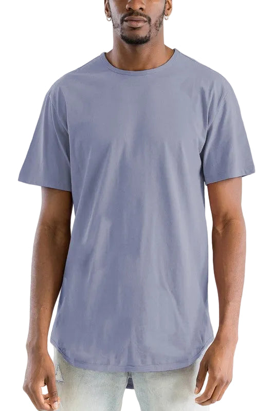Man wearing a plain light blue t-shirt on a white background
