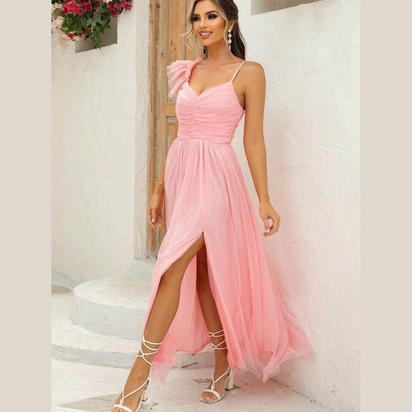 Asymmetrical Ruched Slit Dress - VacationGrabs