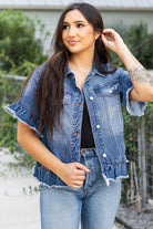 Women's Coats & JacketsPeacock Blue Raw Edge Ruffled Short Sleeve Denim Jacket - VacationGrabs