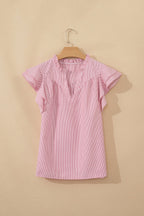 Stripe Frilled Split Neck Ruffle Sleeve Blouse
