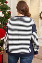 Blue Stripe Contrast Stitched Detail Color Block Patchwork Plus Size Sweatshirt