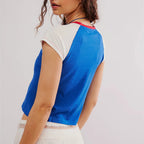 Women's blue baby tees with contrasting white sleeves, casual wear