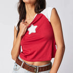 Red women's baby tees with white star detail for casual wear