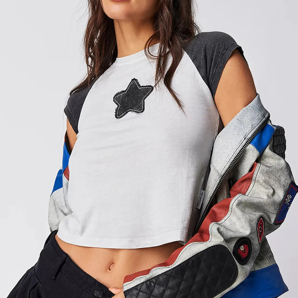 Women's cropped baby tees in white with star patch detail