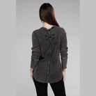 Back view of ZENANA women's baby waffle knit shirt featuring a decorative bow and button detail