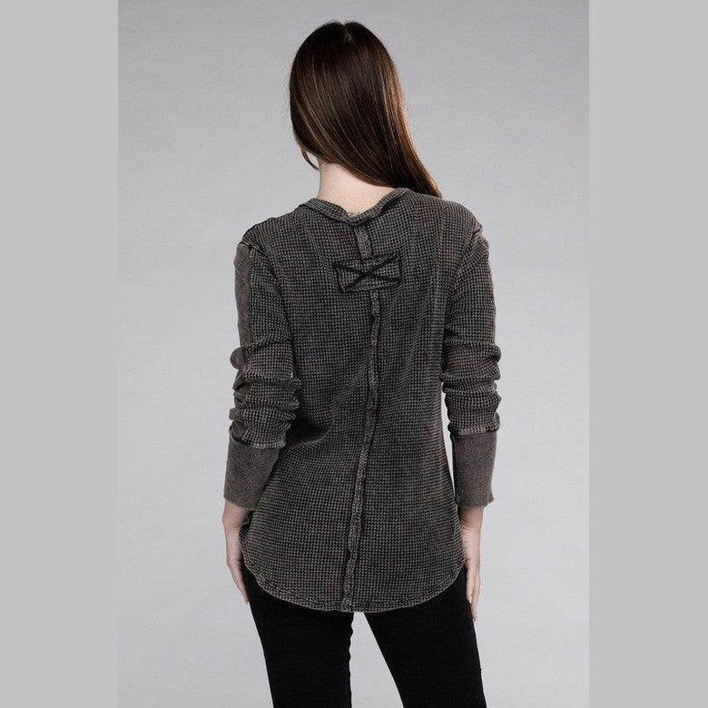 Back view of ZENANA women's baby waffle knit shirt featuring a decorative bow and button detail