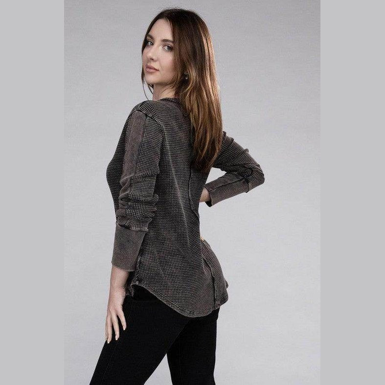 ZENANA Women's Baby Waffle Knit Shirt in Dark Brown with Stylish Back Detail