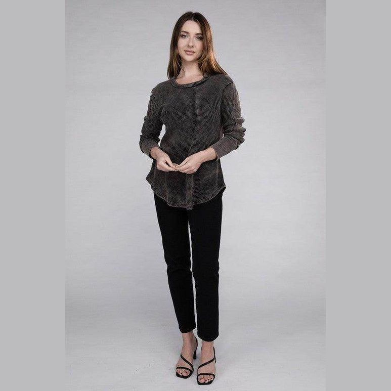 ZENANA Women’s Baby Waffle Knit Shirt in Charcoal with Relaxed Fit and Long Sleeves
