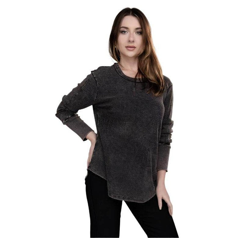 ZENANA Women's Baby Waffle Knit Shirt in Dark Gray with Long Sleeves and Curved Hem