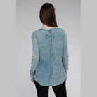 ZENANA baby waffle knit shirt in blue with unique back detail and long sleeves for women