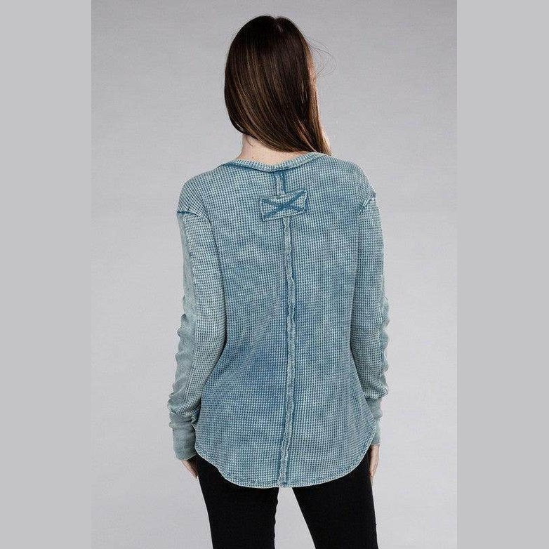 ZENANA baby waffle knit shirt in blue with unique back detail and long sleeves for women