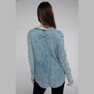 Back view of ZENANA baby waffle knit shirt in blue with unique stitching design for women
