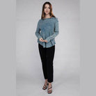ZENANA baby waffle knit shirt in blue with a relaxed fit and long sleeves for women