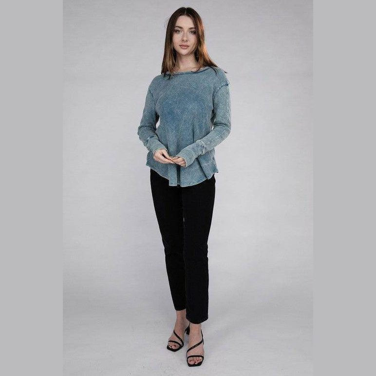 ZENANA baby waffle knit shirt in blue with a relaxed fit and long sleeves for women