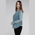 ZENANA women's baby waffle knit shirt in blue with a relaxed fit and long sleeves