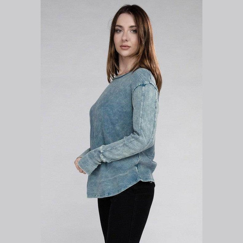 ZENANA women's baby waffle knit shirt in blue with a relaxed fit and long sleeves