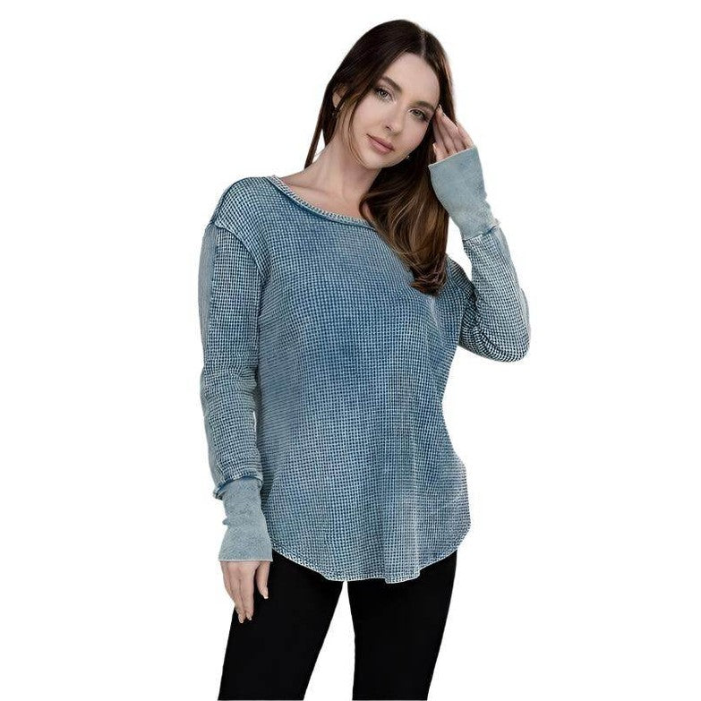 ZENANA Women's Baby Waffle Knit Shirt in Blue with Long Sleeves and Relaxed Fit