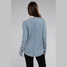 ZENANA women's baby waffle knit shirt in blue with a stylish back design and long sleeves