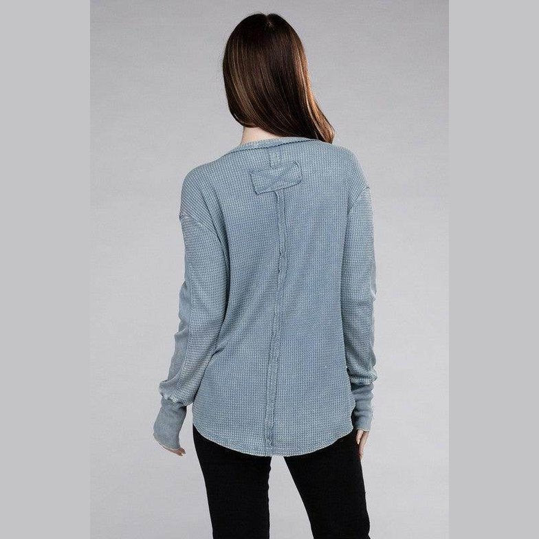 ZENANA women's baby waffle knit shirt in blue with a stylish back design and long sleeves