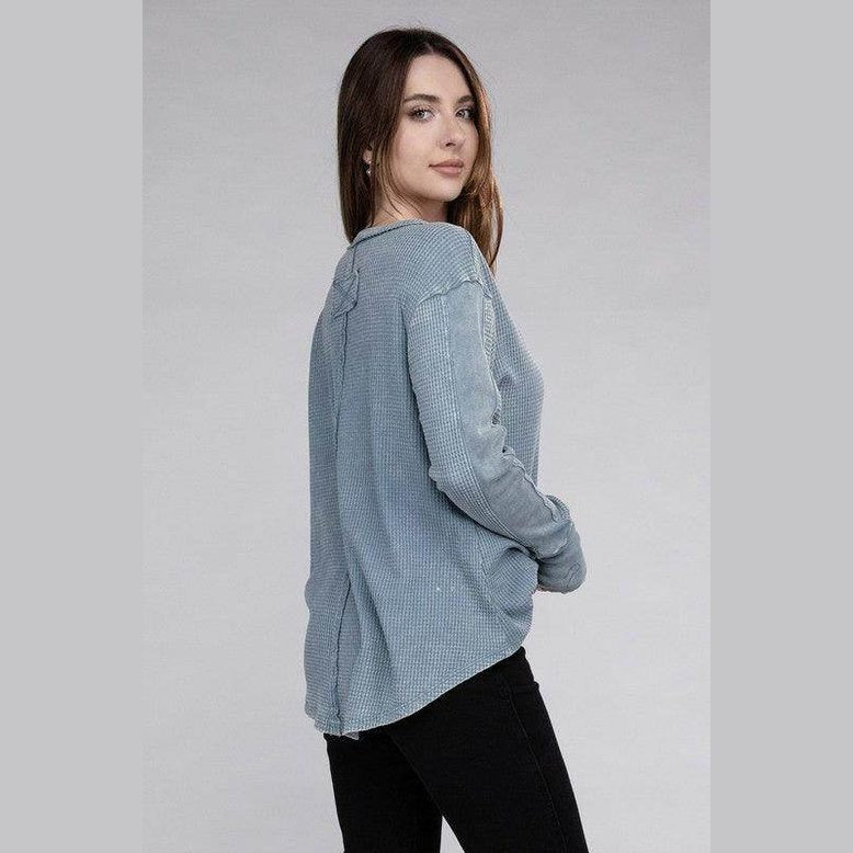 ZENANA women's baby waffle knit shirt in blue with long sleeves and relaxed fit