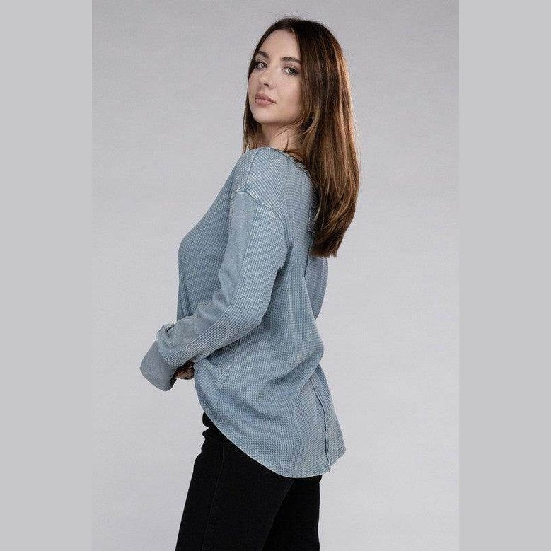 ZENANA women's baby waffle knit shirt in blue, featuring a relaxed fit and long sleeves