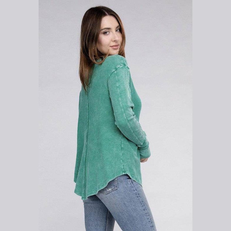 Women’s ZENANA baby waffle knit shirt in green with a relaxed fit and side slits