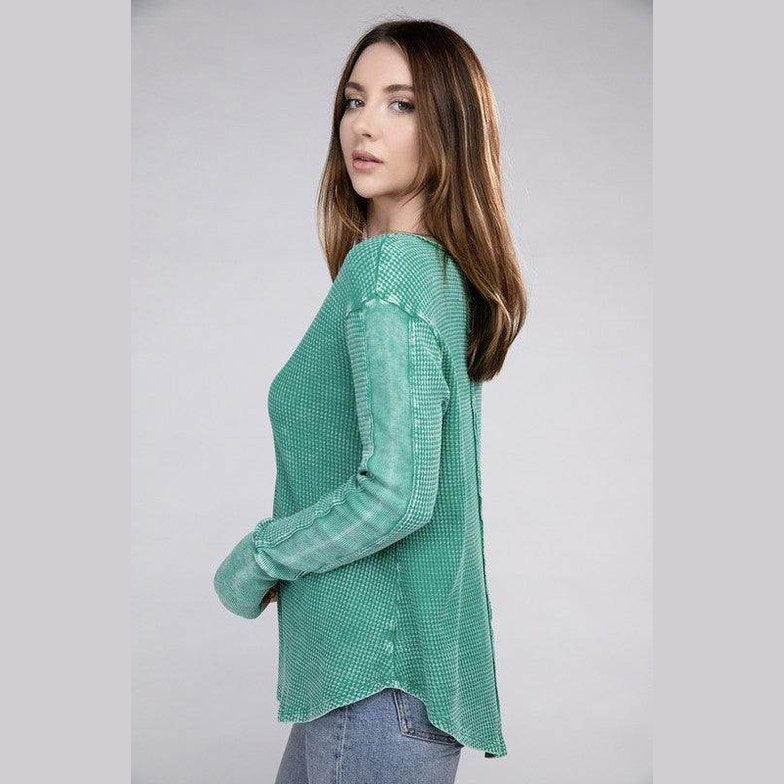 ZENANA women's baby waffle knit shirt in green with long sleeves and a relaxed fit