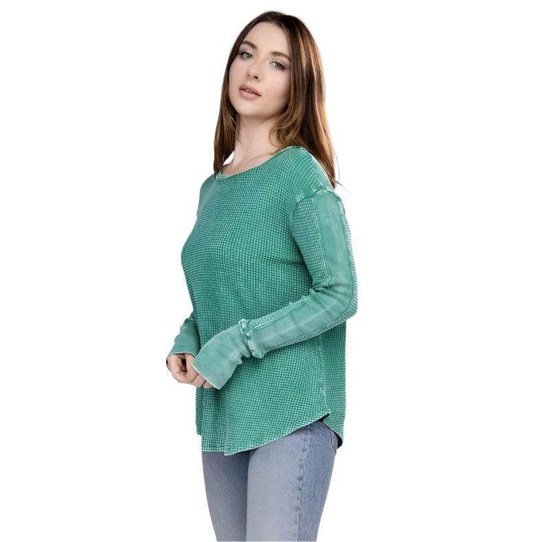 ZENANA women's baby waffle knit shirt in teal featuring a relaxed fit and long sleeves