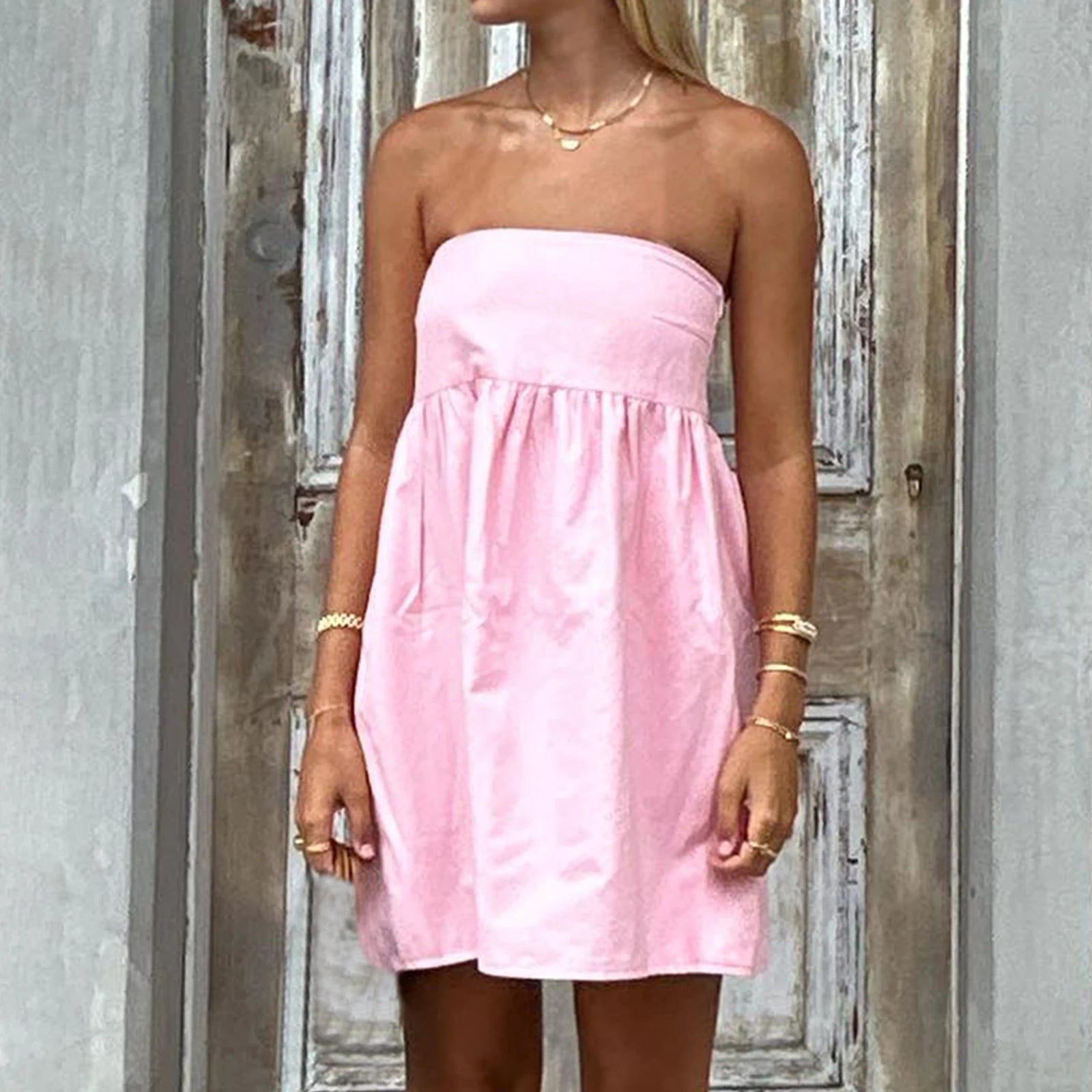 Pink strapless babydoll dress, perfect for summer outings