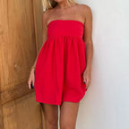 Women's red babydoll dress, strapless, casual summer wear
