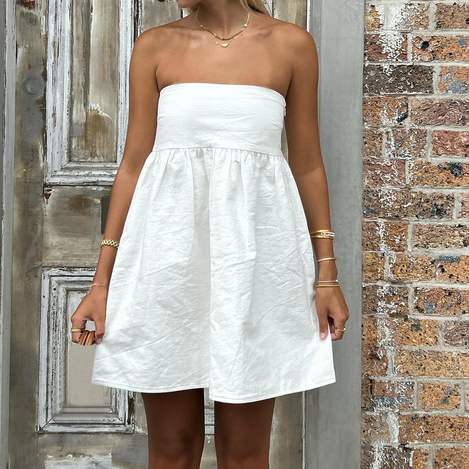 White babydoll dress, strapless, perfect for summer outings