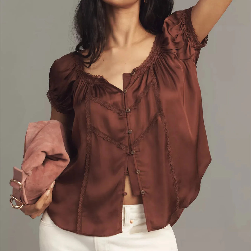 Brown satin babydoll top for stylish casual outings