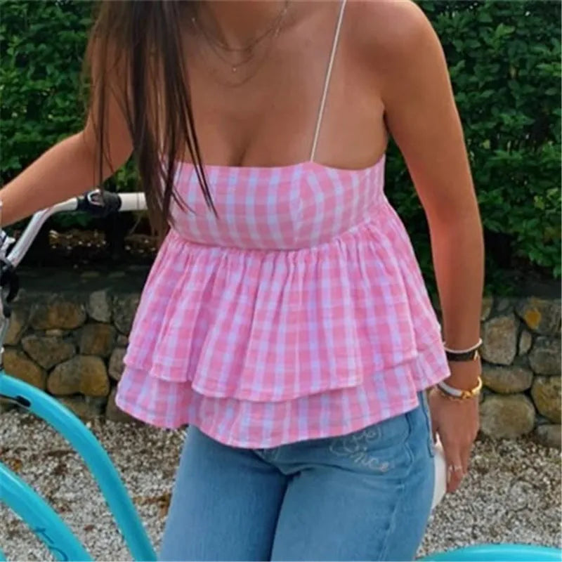 Pink gingham babydoll top, lightweight cotton for summer outings