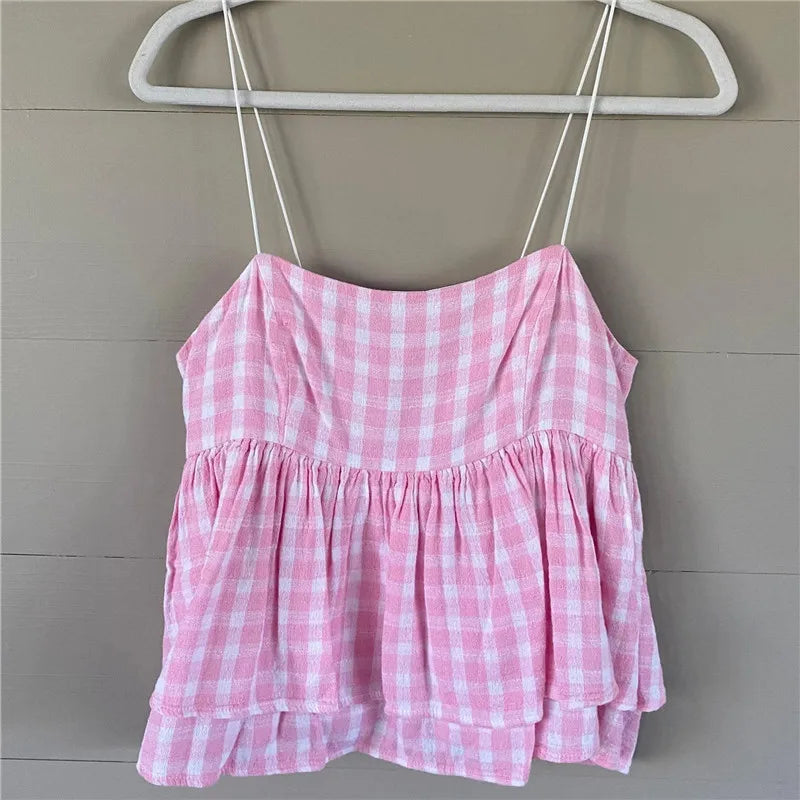 Women's pink gingham babydoll top, lightweight cotton for casual wear