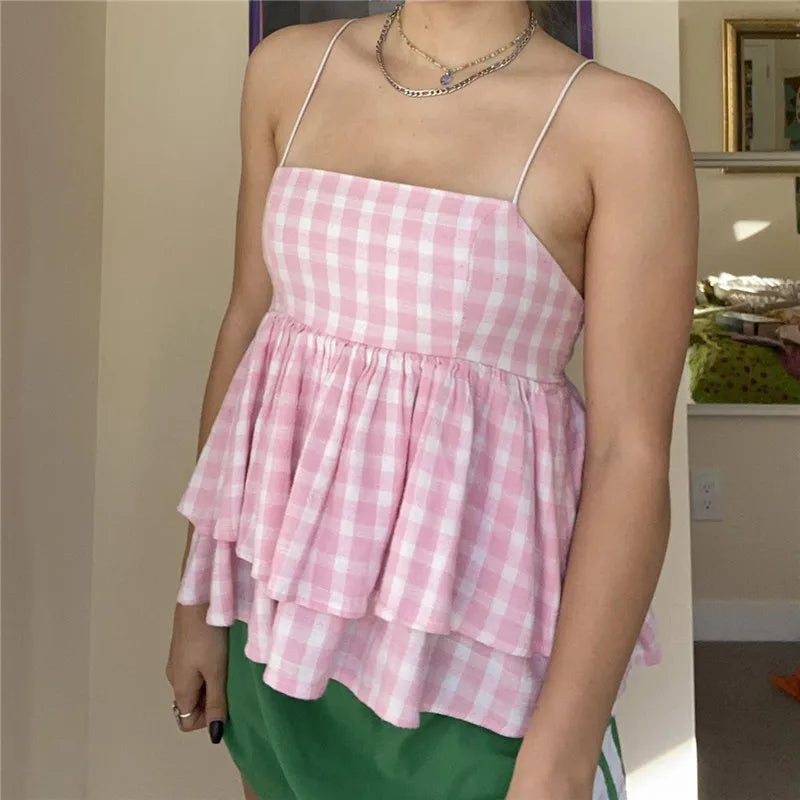 Women's pink gingham babydoll top, perfect for summer outings