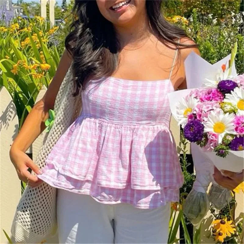 Pink gingham babydoll top, lightweight cotton for casual outings
