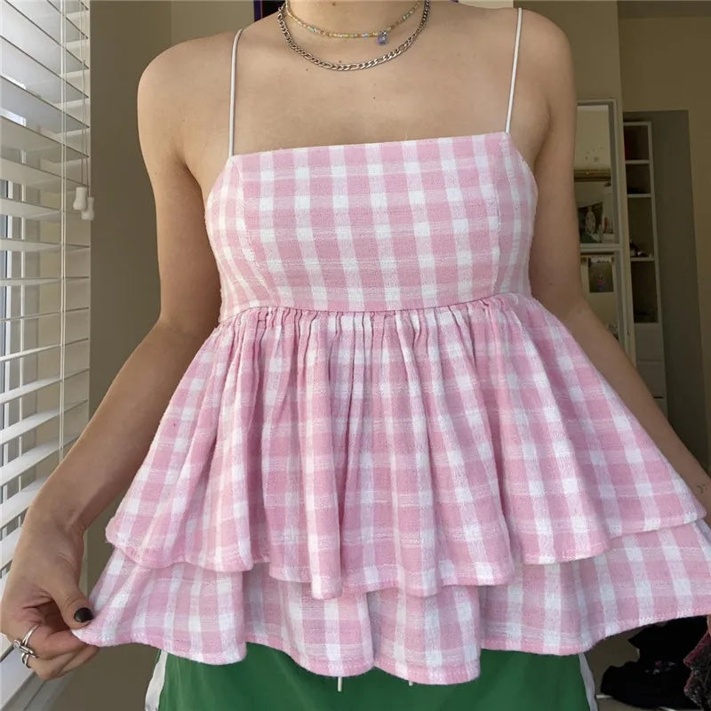 Pink checkered babydoll top in lightweight cotton, perfect for summer outings