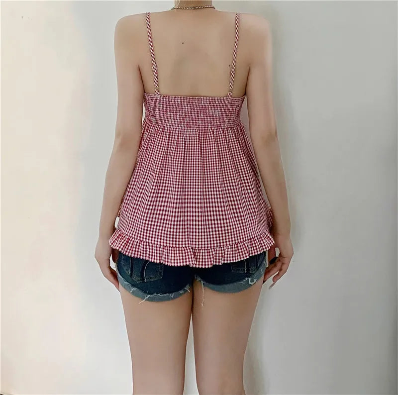 Women's red gingham babydoll top, lightweight for summer outings