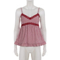 Women's red gingham babydoll top with lace trim for casual wear