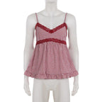 Women's red gingham babydoll top with lace trim for casual wear