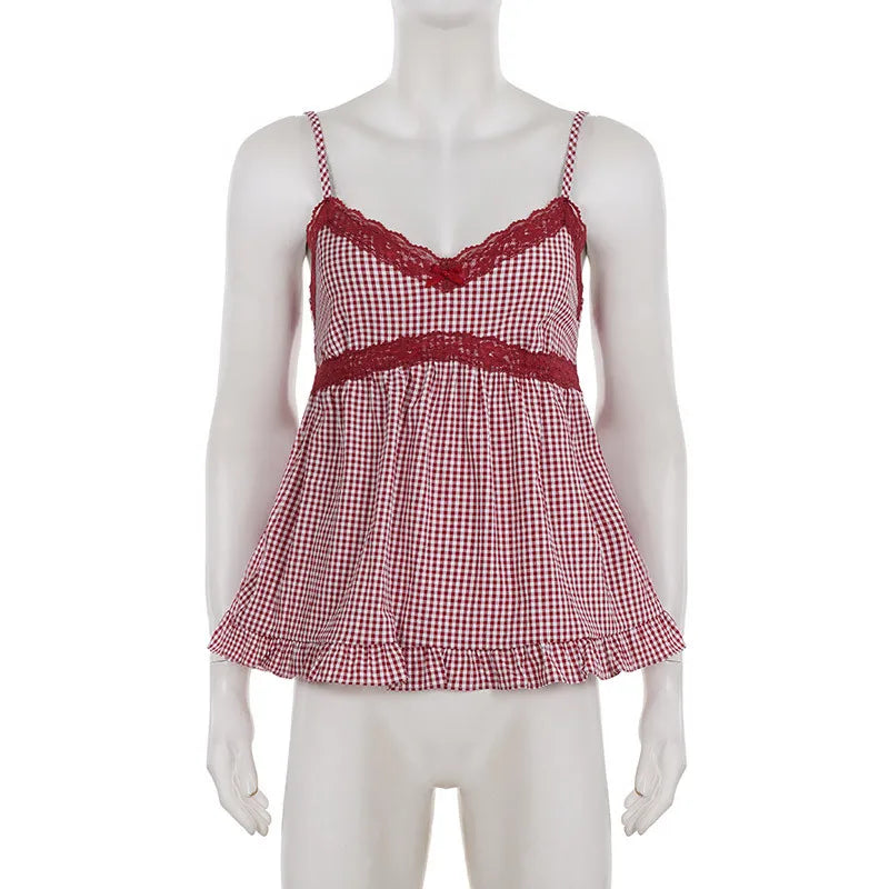 Women's red gingham babydoll top with lace trim for casual wear