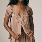 Women's taupe babydoll top in soft fabric, perfect for casual outings