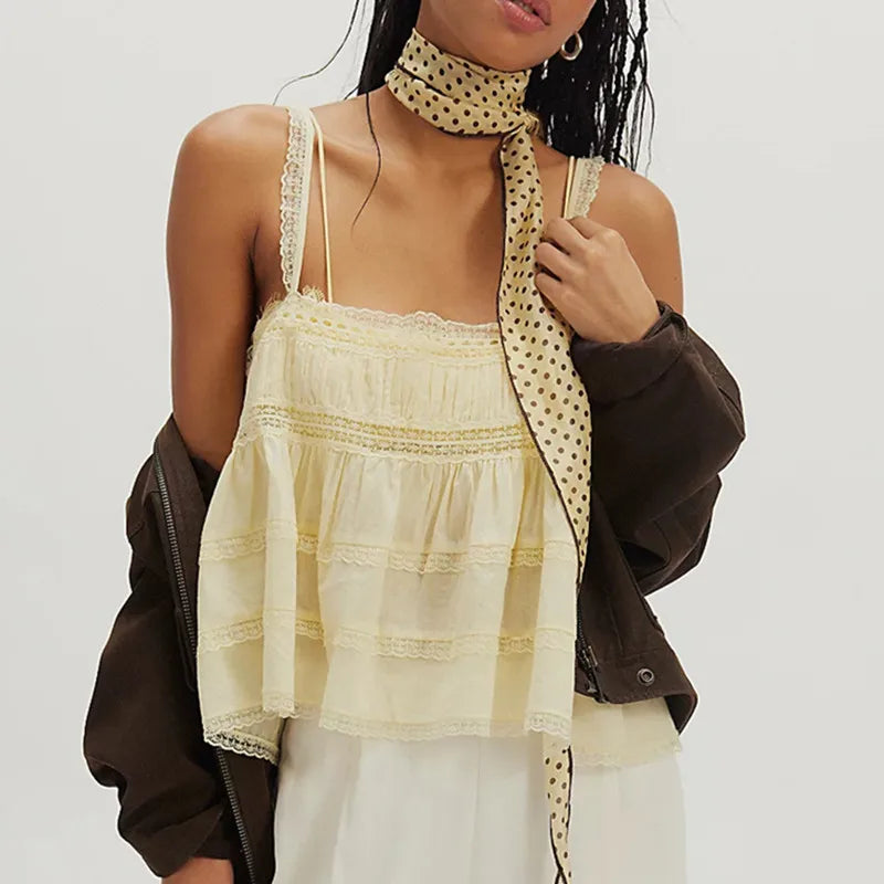 Women's cream babydoll top with lace details for casual wear