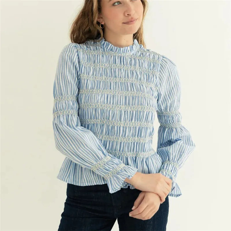 Women's blue striped babydoll tops, perfect for casual outings