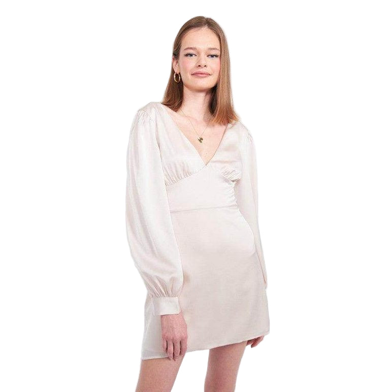 Emory Park back strap tulip mini dress in light beige with puffed sleeves and a flattering silhouette