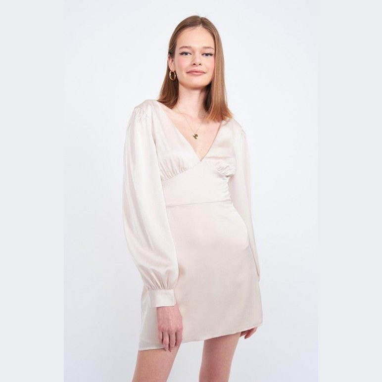 Emory Park back strap tulip mini dress in light beige with puffed sleeves and a flattering silhouette