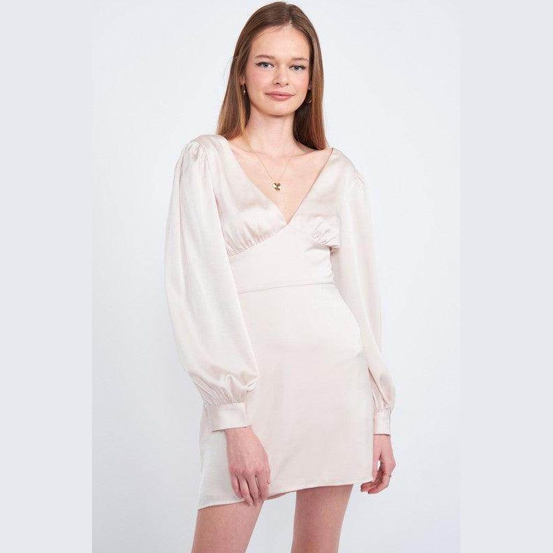 Emory Park back strap tulip mini dress in soft beige with puff sleeves and a deep V-neckline