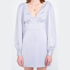Emory Park back strap tulip mini dress in light lavender with puff sleeves and a flattering silhouette
